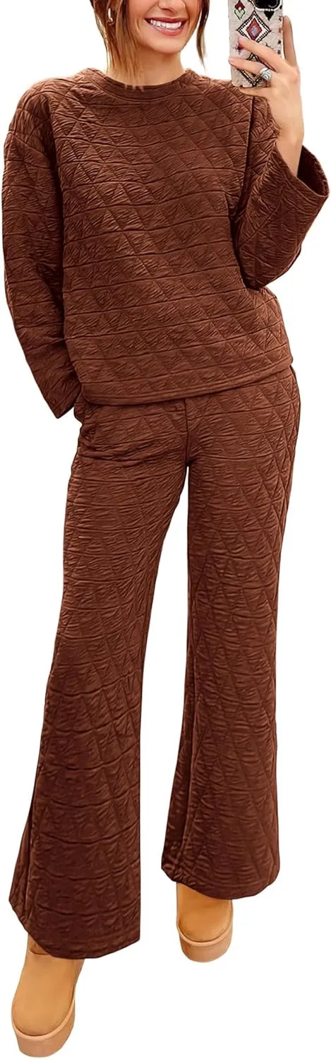 PRETTYGARDEN Women's 2 Piece Outfits Fall Fashion Clothes Quilted Long Sleeve Tops Wide Leg Pants Matching Lounge Sets