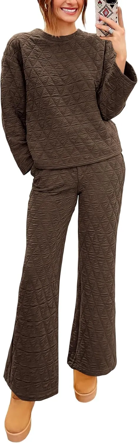 PRETTYGARDEN Women's 2 Piece Outfits Fall Fashion Clothes Quilted Long Sleeve Tops Wide Leg Pants Matching Lounge Sets