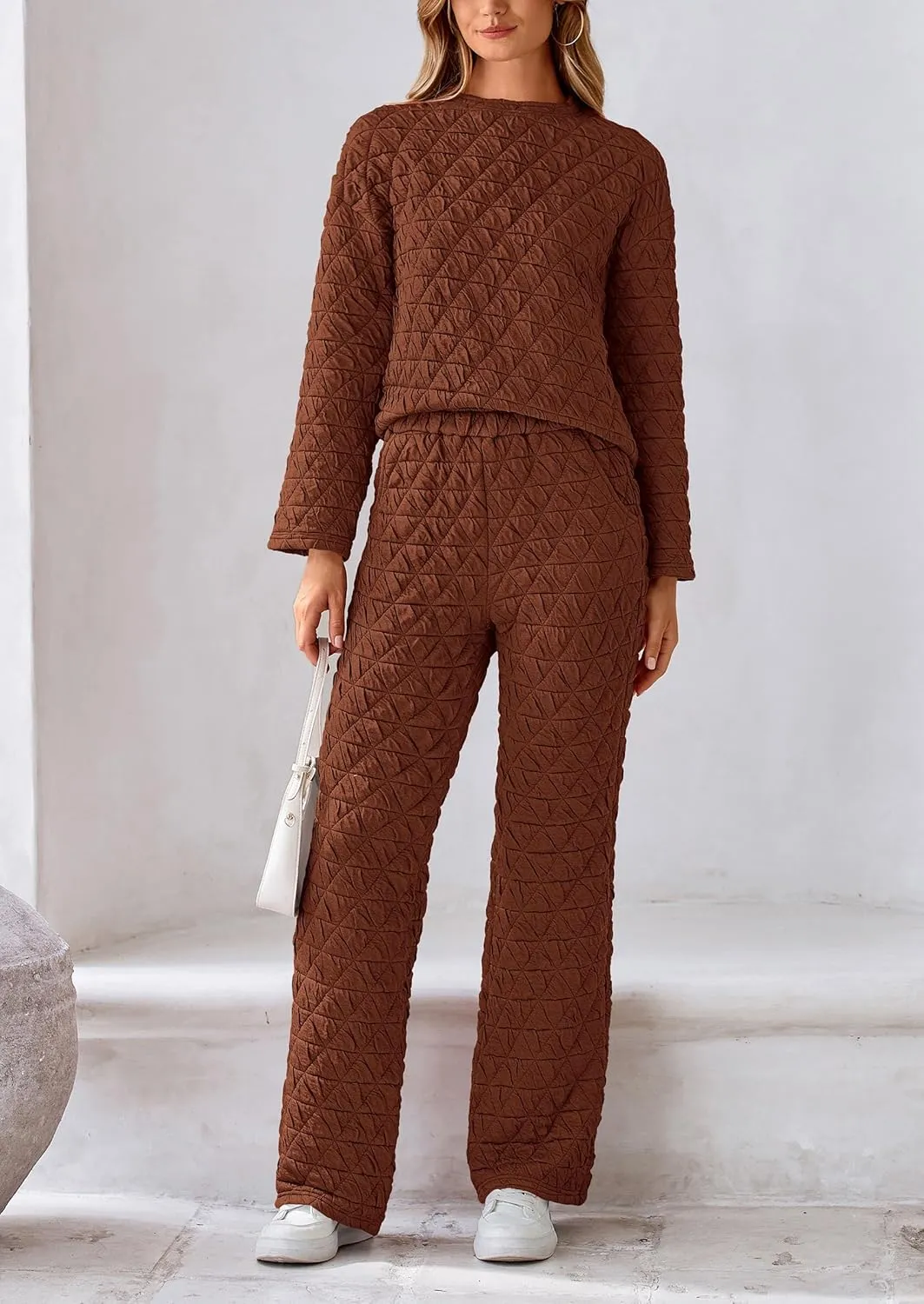 PRETTYGARDEN Women's 2 Piece Outfits Fall Fashion Clothes Quilted Long Sleeve Tops Wide Leg Pants Matching Lounge Sets