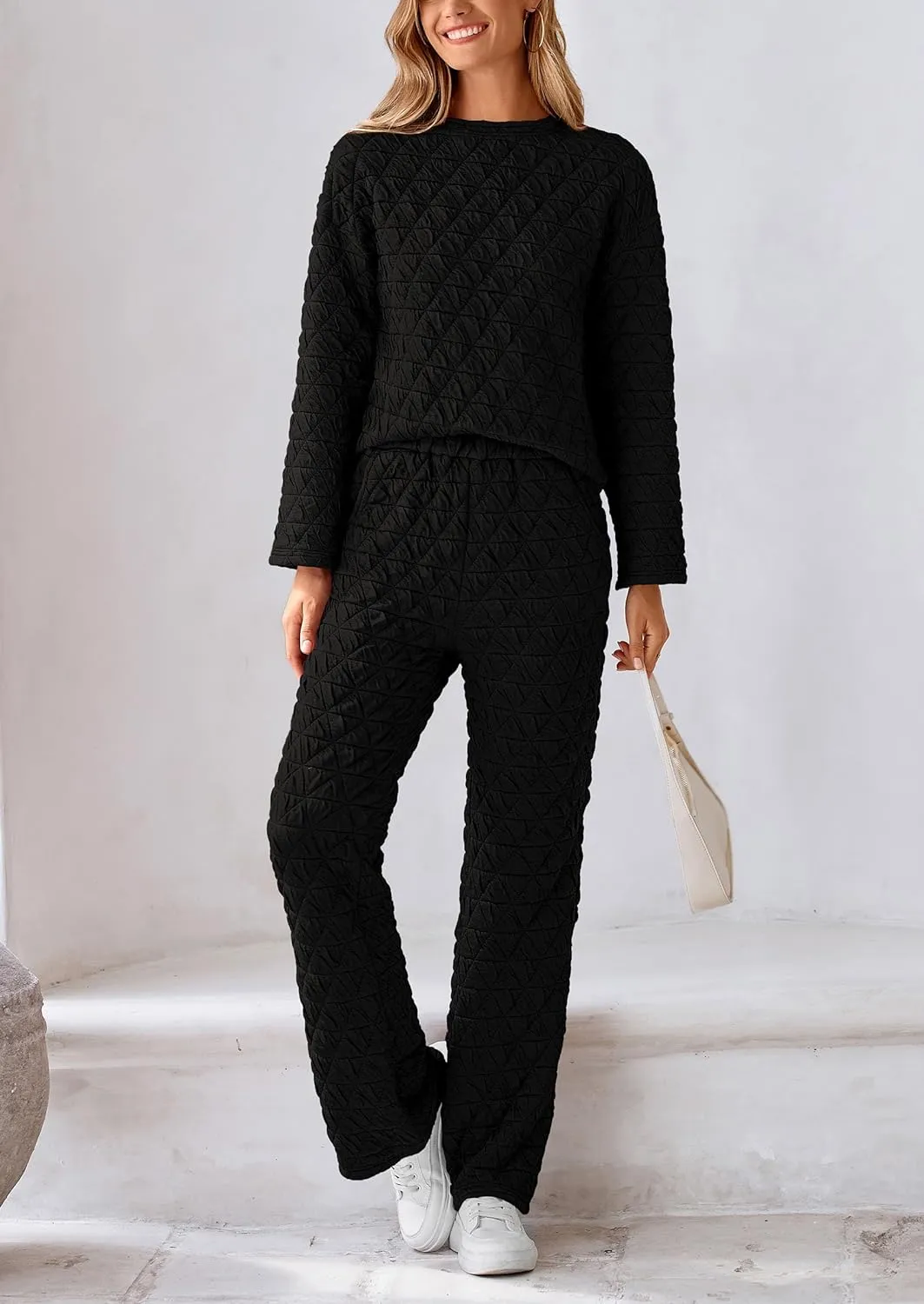 PRETTYGARDEN Women's 2 Piece Outfits Fall Fashion Clothes Quilted Long Sleeve Tops Wide Leg Pants Matching Lounge Sets