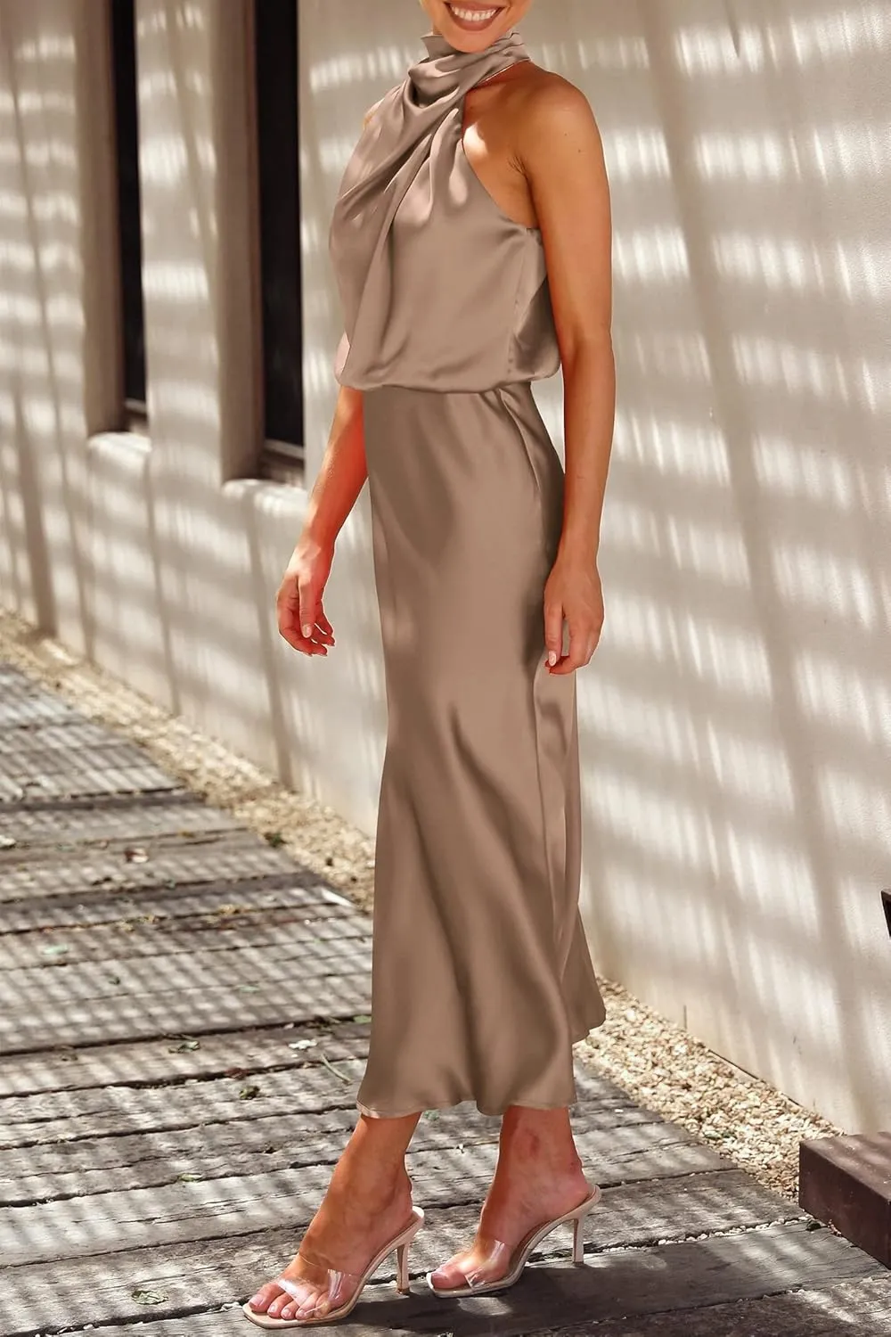 PRETTYGARDEN Women's 2025 Summer Satin Dress Elegant Sleeveless Mock Neck Cocktail Party Maxi Dresses