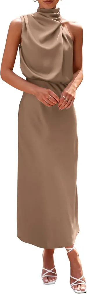 PRETTYGARDEN Women's 2025 Summer Satin Dress Elegant Sleeveless Mock Neck Cocktail Party Maxi Dresses