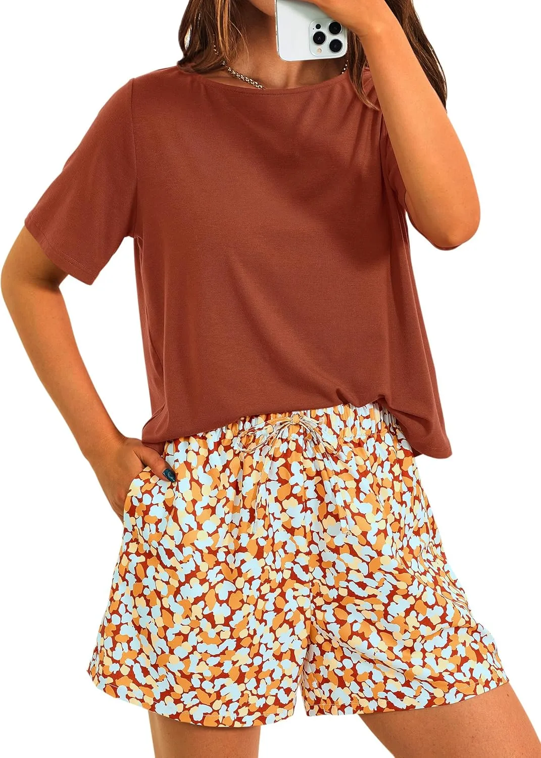 PRETTYGARDEN Women's Summer 2 Piece Outfits Lounge Sets Short Sleeve Tee Shirts Tops Blouses Pockets Printed Shorts Tracksuit