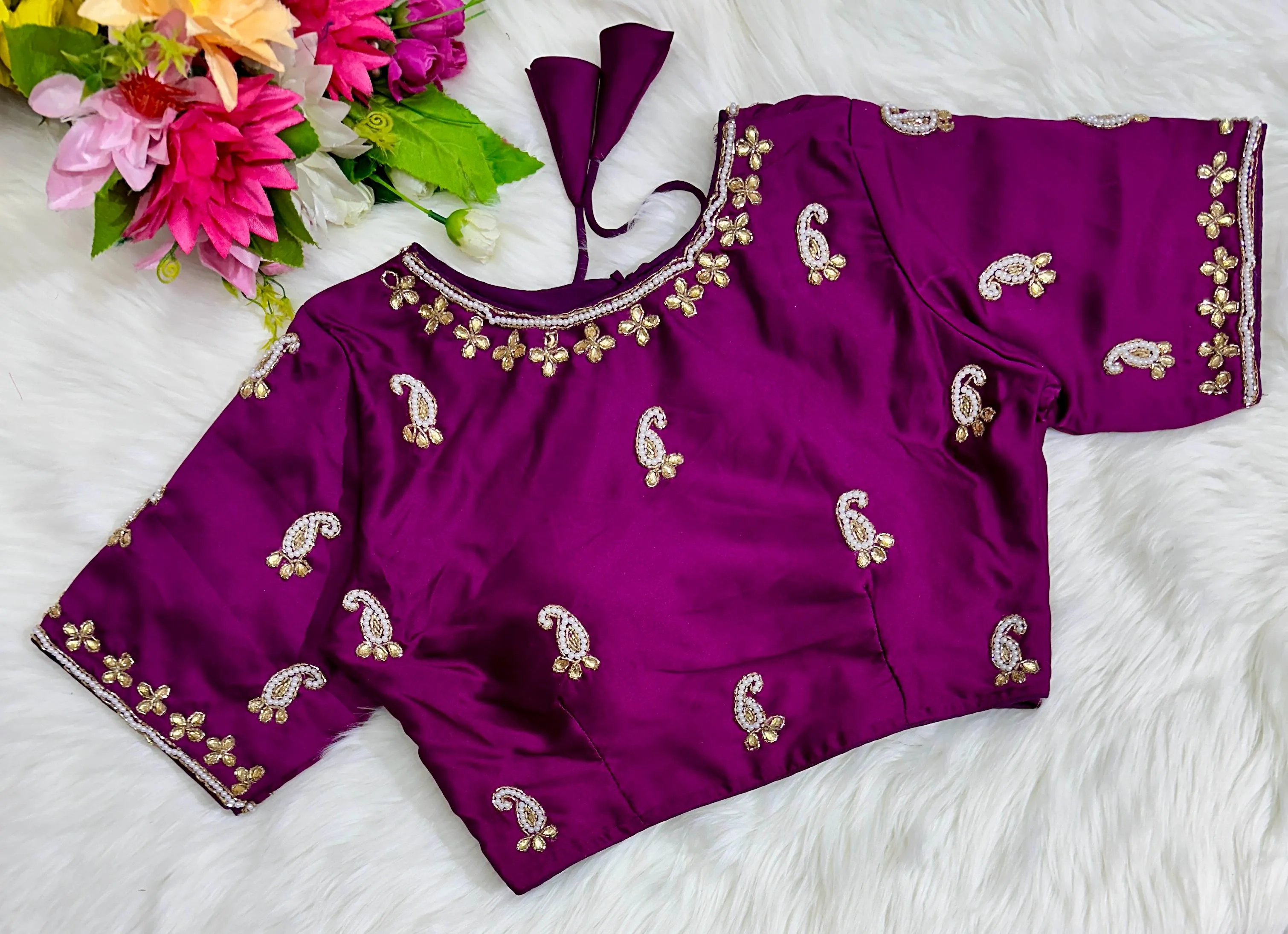 Purple Exquisite Hand-Embroidered Methu Silk Blouse