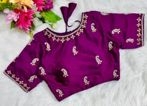Purple Exquisite Hand-Embroidered Methu Silk Blouse