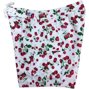 "A la Mode" Cherries Print Womens Board Shorts - Regular Rise / 7" Inseam (White)