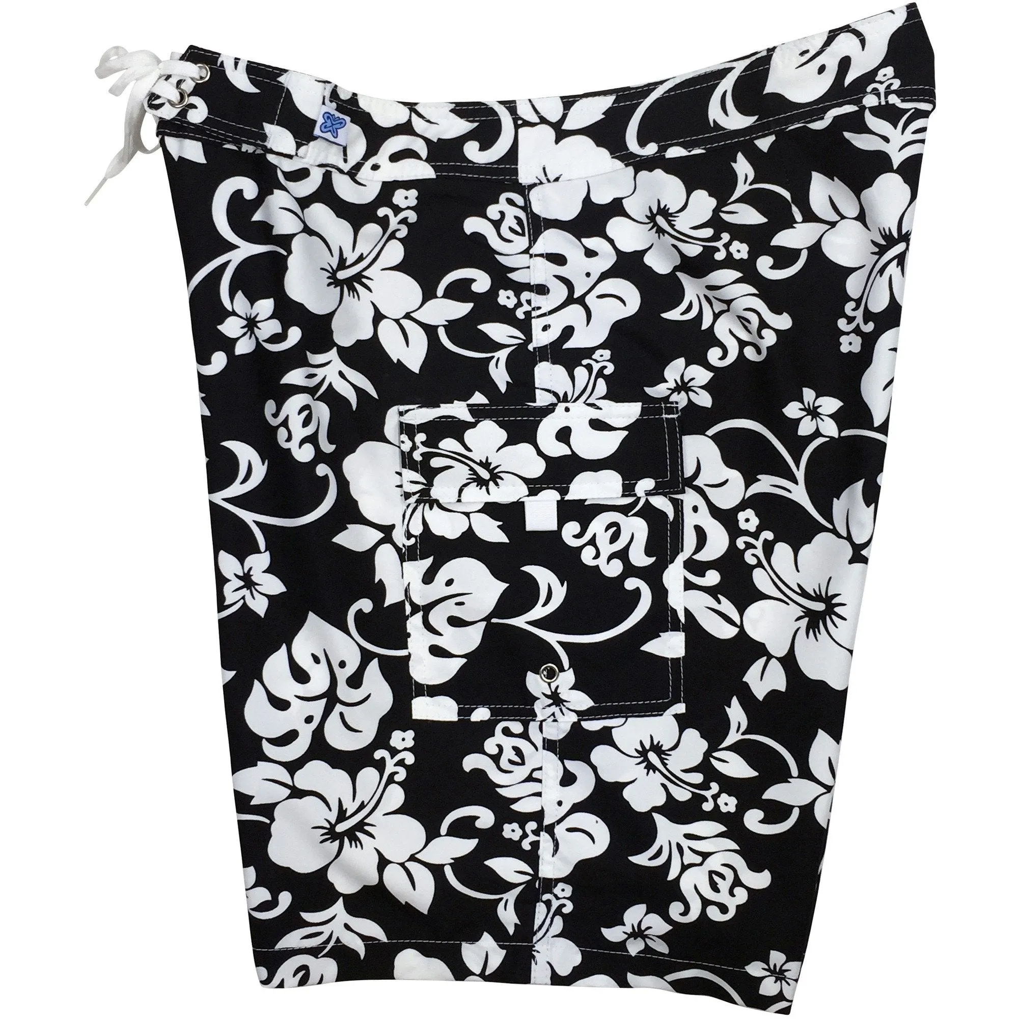"Pure Hibiscus" Womens Board Shorts - Regular Rise / 10.5" Inseam (Black/White)