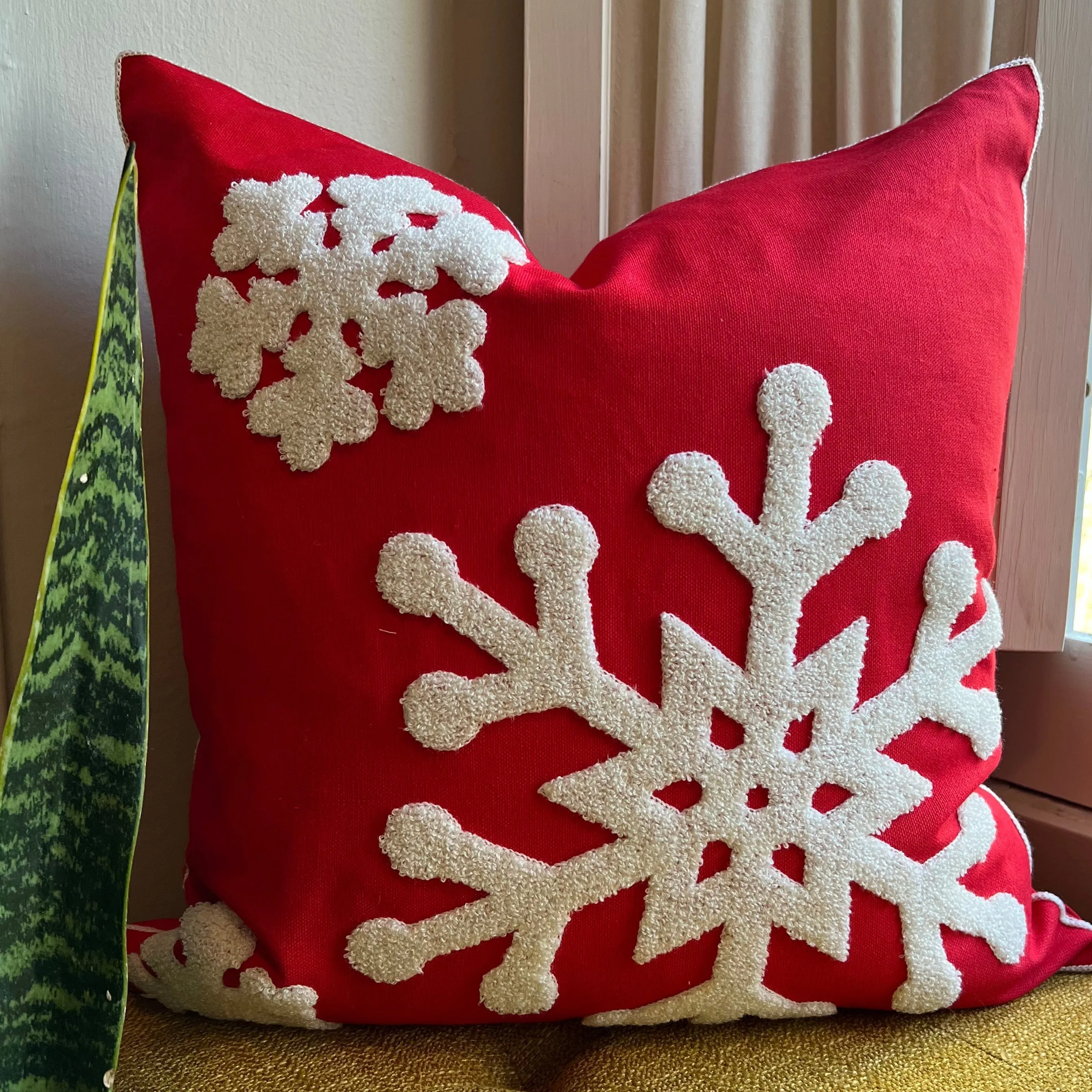 Red Snowflake Embroidered Pillow Cover