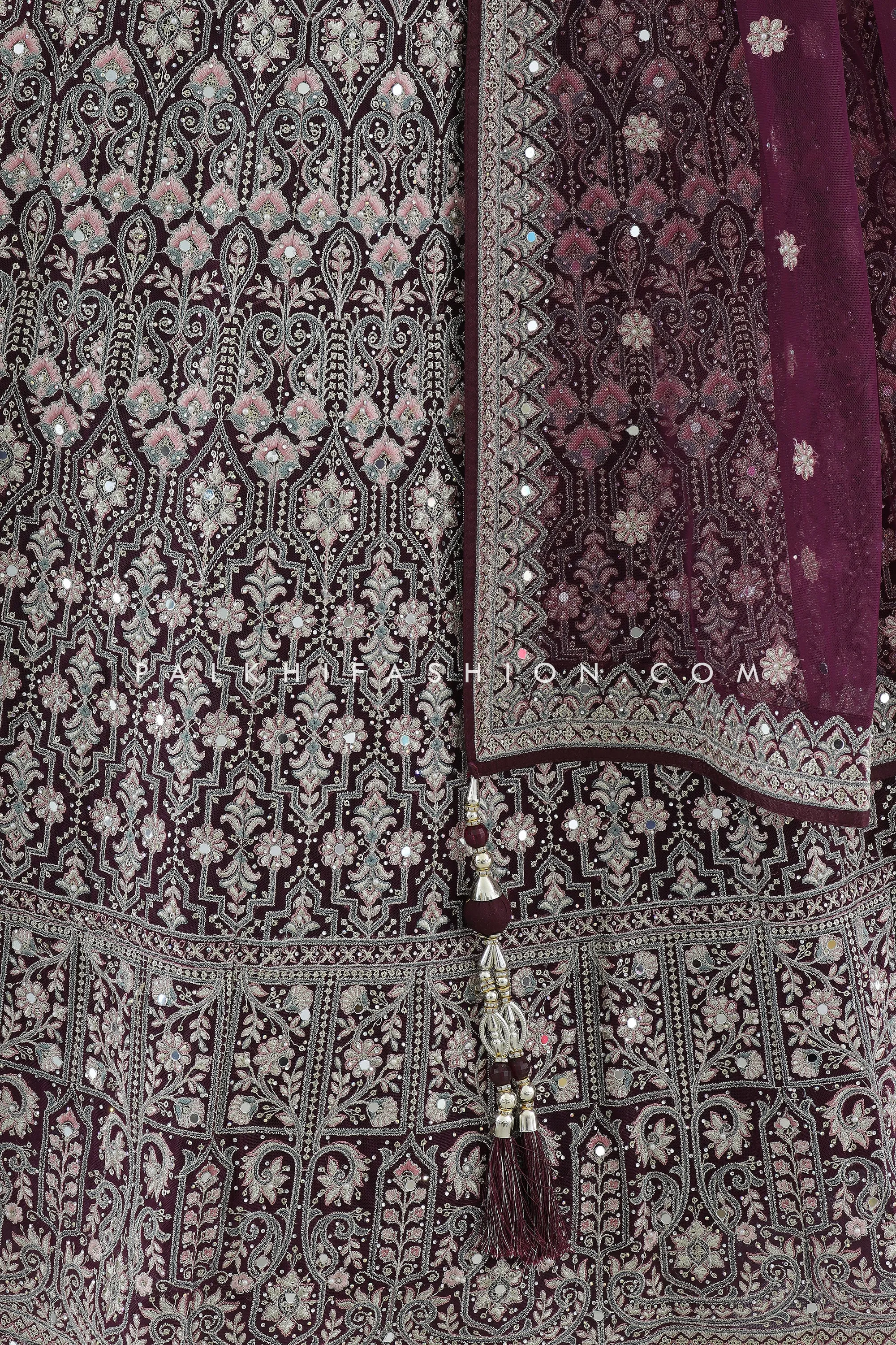 Regal Radiance: Designer Wine Lehenga Choli with Handwork