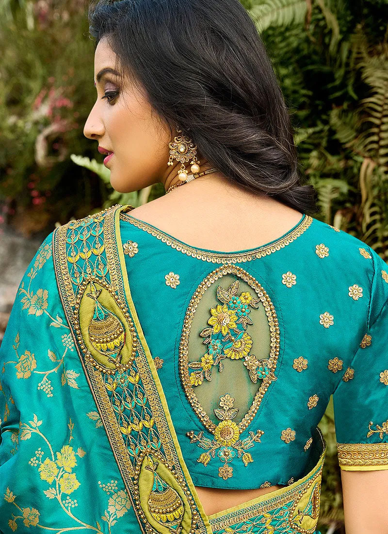Sea Blue And Green Embroidered Silk Saree