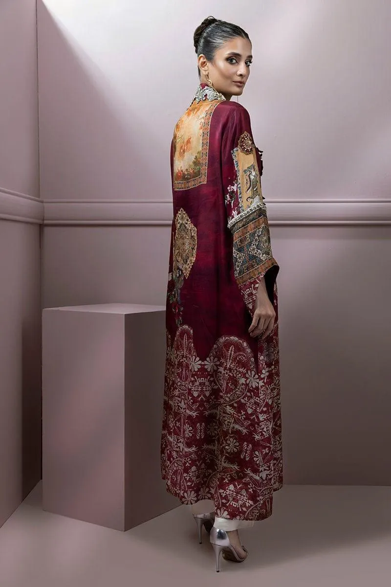Shamaeel - Maroon Silk Embroidered Open Jacket with Silk Inner and Pants