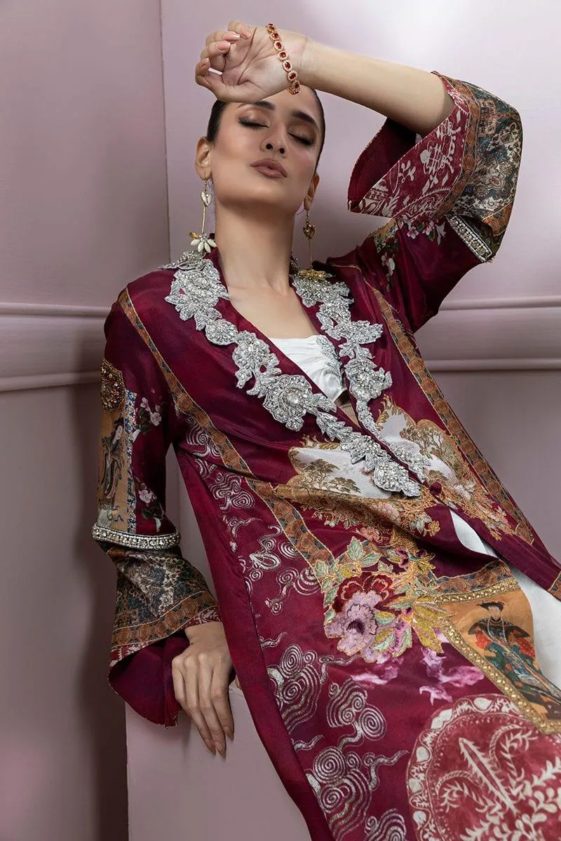 Shamaeel - Maroon Silk Embroidered Open Jacket with Silk Inner and Pants