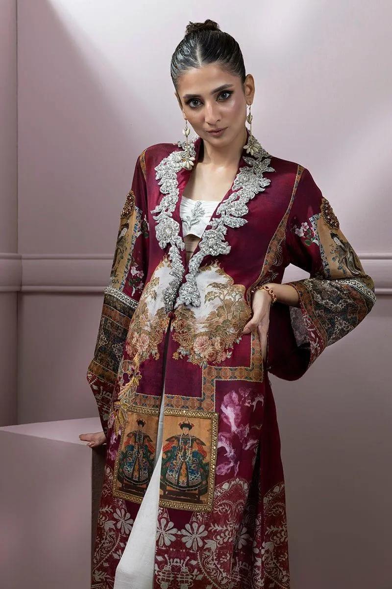 Shamaeel - Maroon Silk Embroidered Open Jacket with Silk Inner and Pants