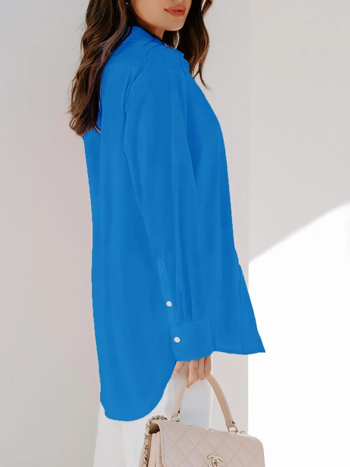 siliteelon Womens Button Down Shirts Dress Shirts Long Sleeve Blouses V Neck Solid Casual Tunics Tops with Pockets
