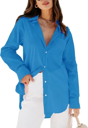 siliteelon Womens Button Down Shirts Dress Shirts Long Sleeve Blouses V Neck Solid Casual Tunics Tops with Pockets