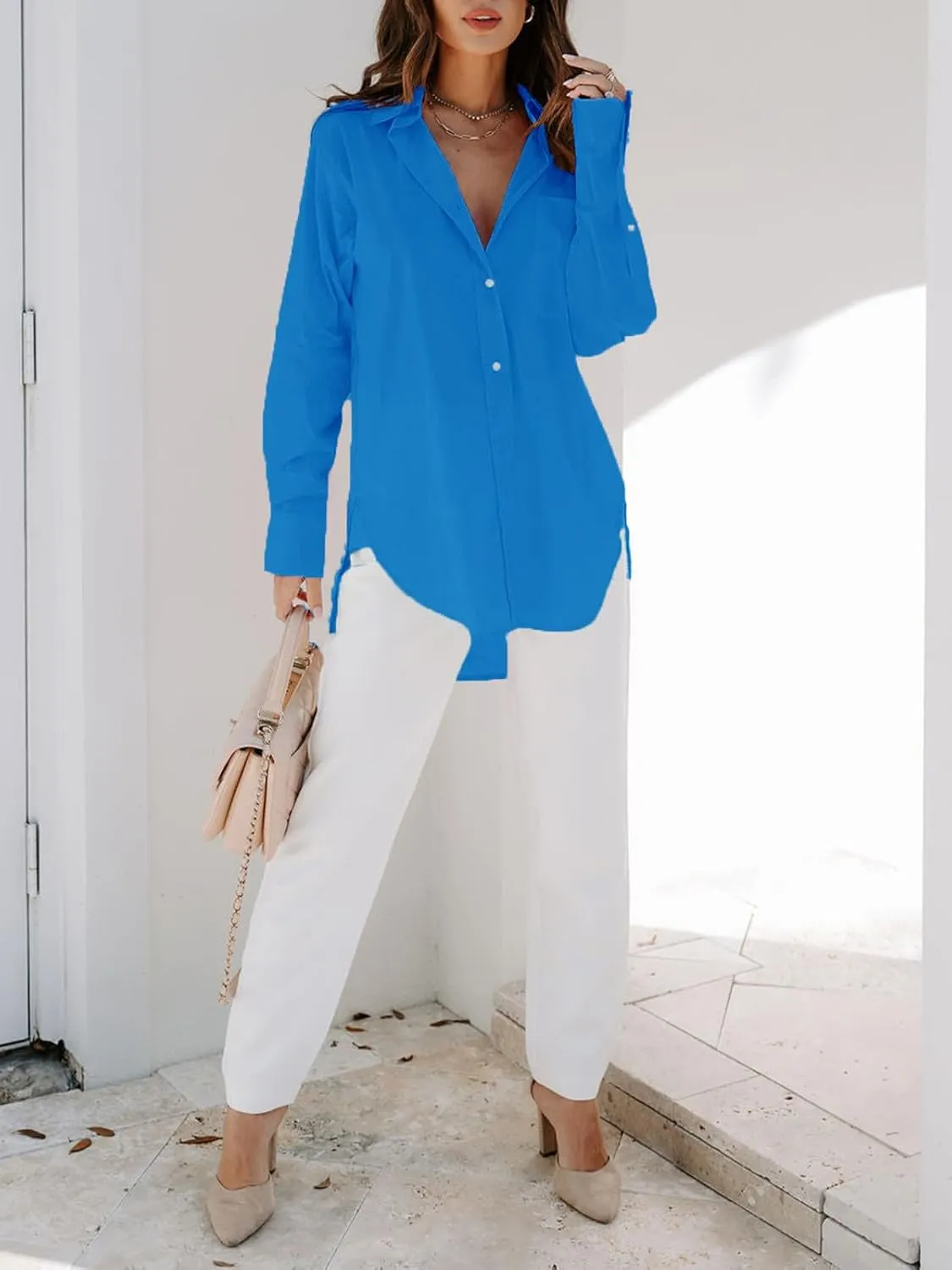 siliteelon Womens Button Down Shirts Dress Shirts Long Sleeve Blouses V Neck Solid Casual Tunics Tops with Pockets