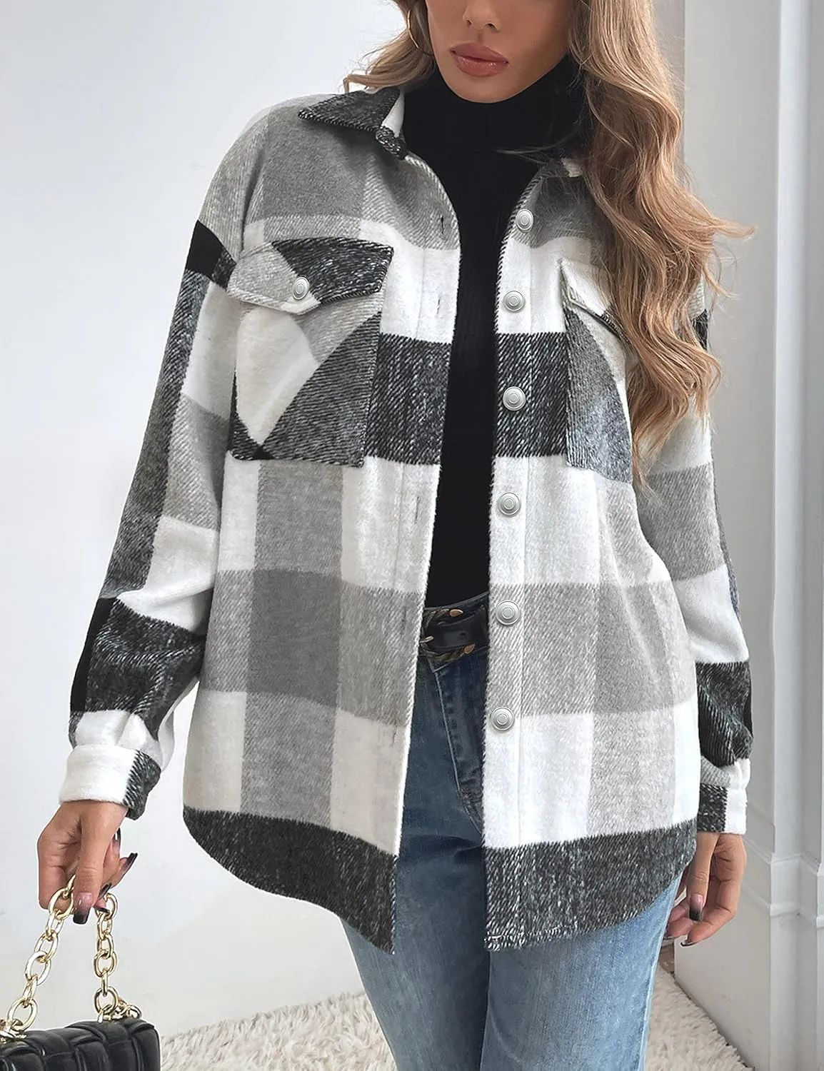 Tanming Womens Flannel Plaid Shacket Wool Blend Button Down Shirt Fall Fashion Jacket