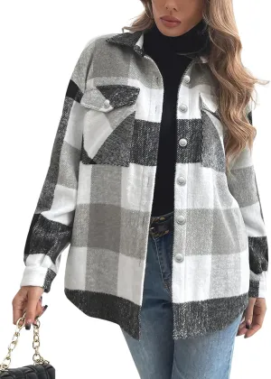 Tanming Womens Flannel Plaid Shacket Wool Blend Button Down Shirt Fall Fashion Jacket