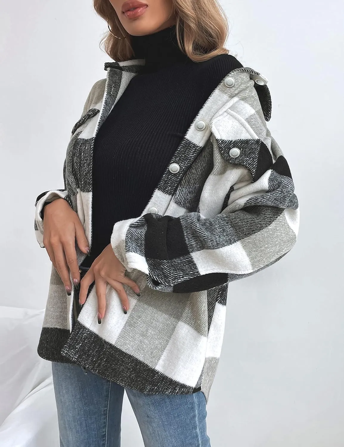 Tanming Womens Flannel Plaid Shacket Wool Blend Button Down Shirt Fall Fashion Jacket