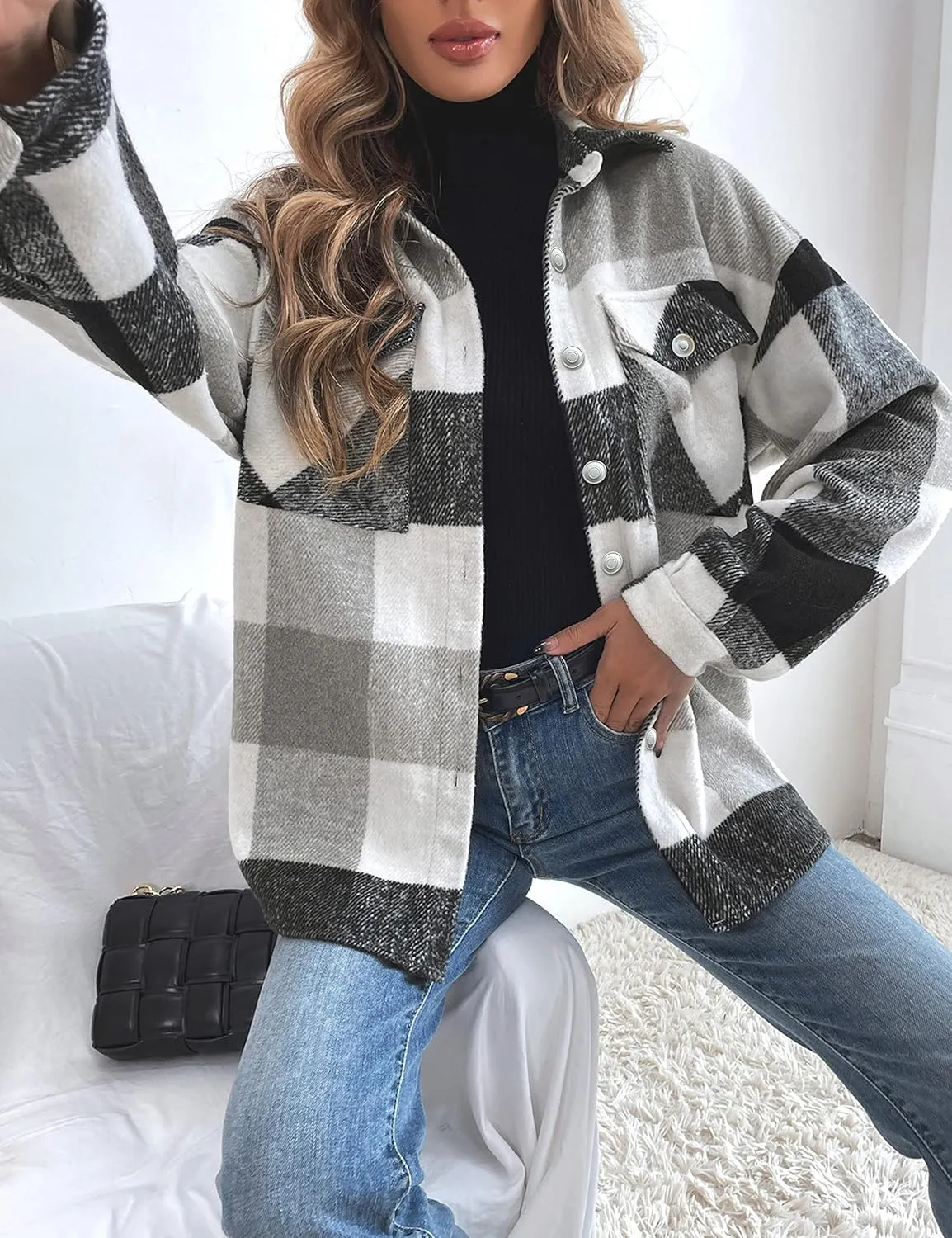Tanming Womens Flannel Plaid Shacket Wool Blend Button Down Shirt Fall Fashion Jacket