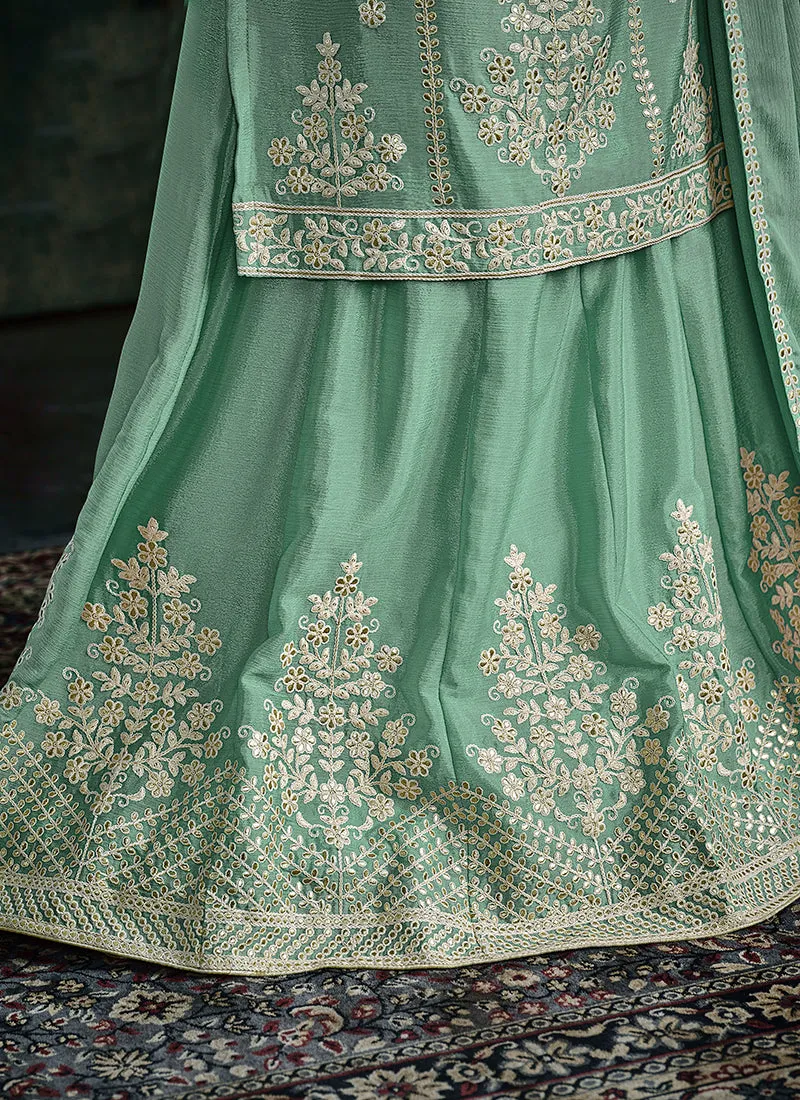 Teal Blue Sequence And Thread Embroidery Lehenga Kurti