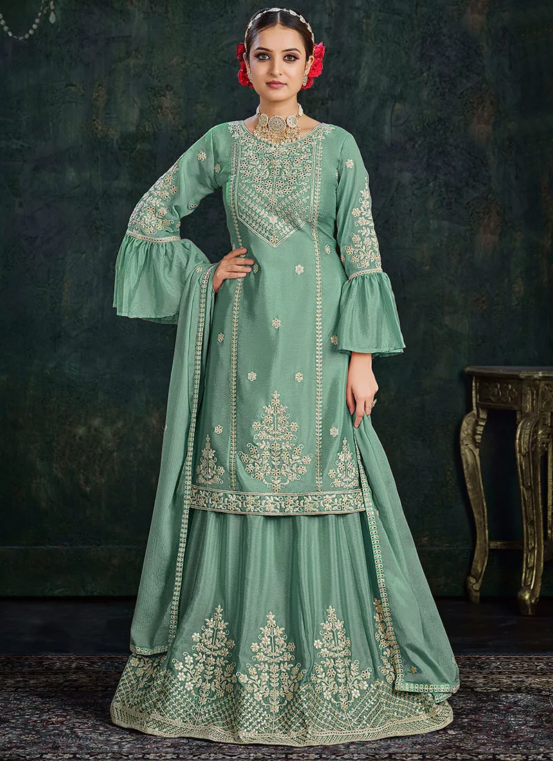 Teal Blue Sequence And Thread Embroidery Lehenga Kurti