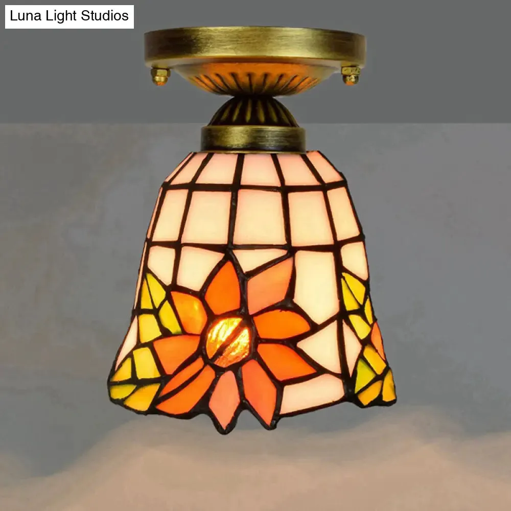 Tiffany Stained Art Glass Semi Flush Mount Ceiling Light - Single-Bulb Shaded Fixture
