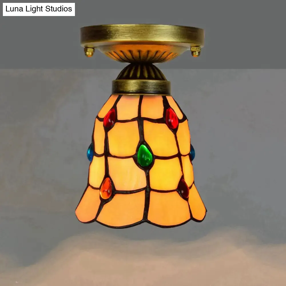 Tiffany Stained Art Glass Semi Flush Mount Ceiling Light - Single-Bulb Shaded Fixture