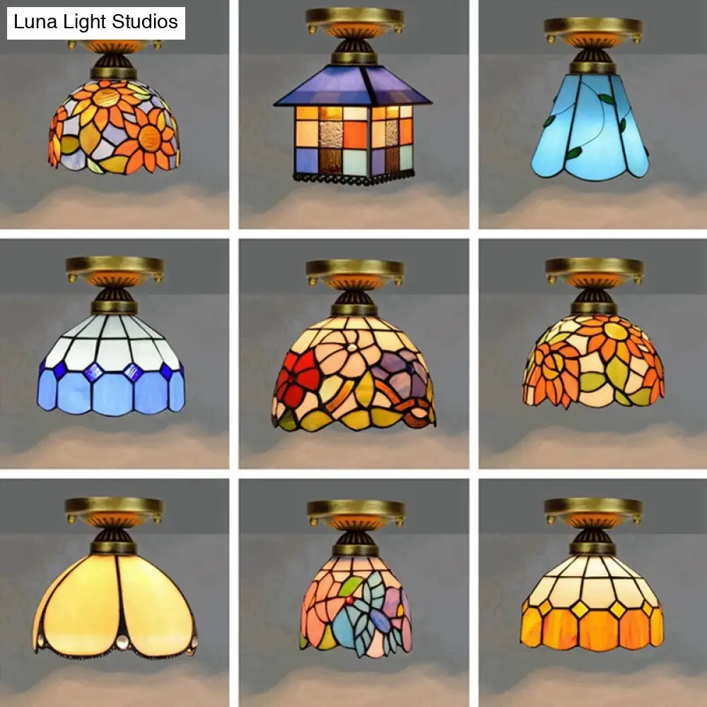 Tiffany Stained Art Glass Semi Flush Mount Ceiling Light - Single-Bulb Shaded Fixture