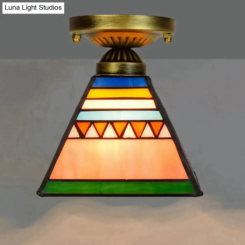 Tiffany Stained Art Glass Semi Flush Mount Ceiling Light - Single-Bulb Shaded Fixture