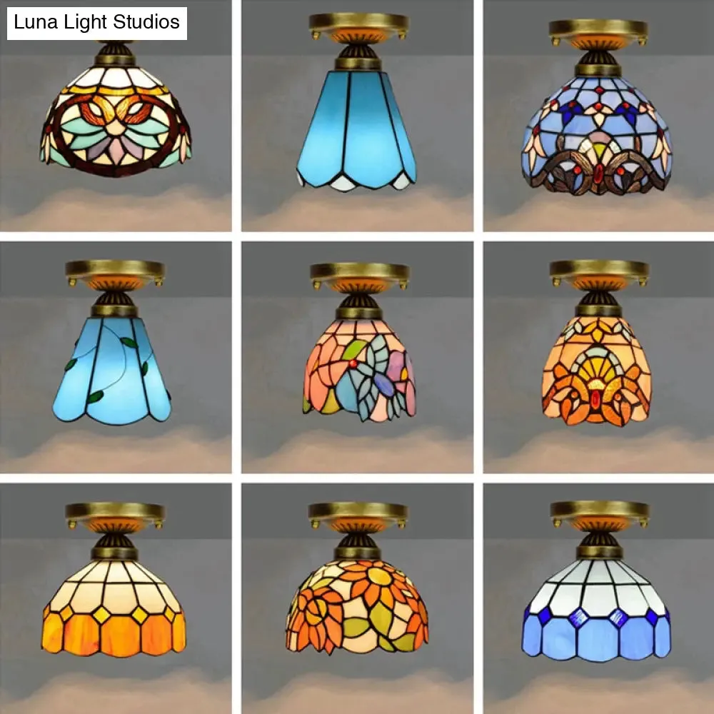 Tiffany Stained Art Glass Semi Flush Mount Ceiling Light - Single-Bulb Shaded Fixture