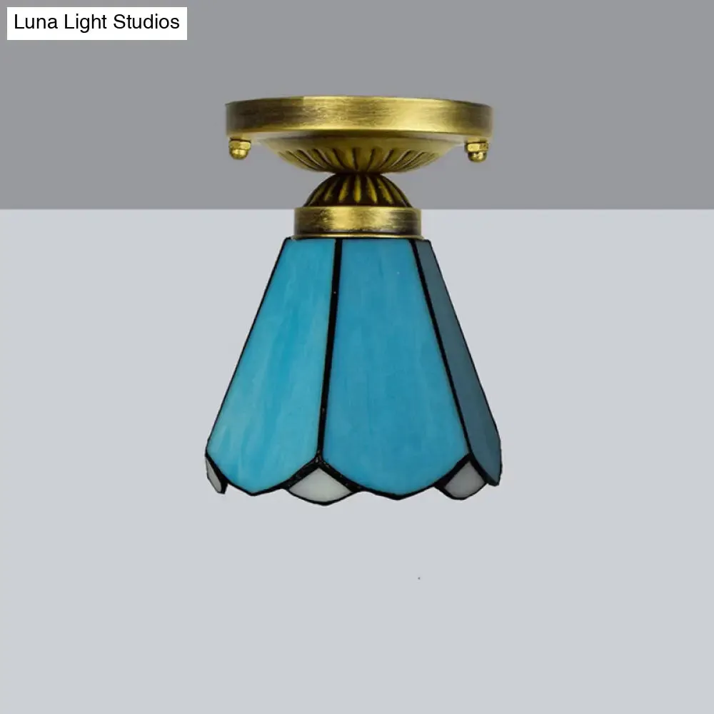 Tiffany Stained Art Glass Semi Flush Mount Ceiling Light - Single-Bulb Shaded Fixture