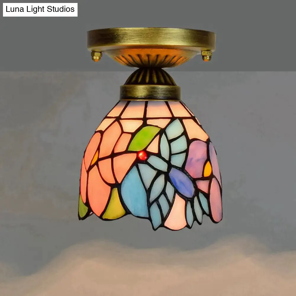Tiffany Stained Art Glass Semi Flush Mount Ceiling Light - Single-Bulb Shaded Fixture