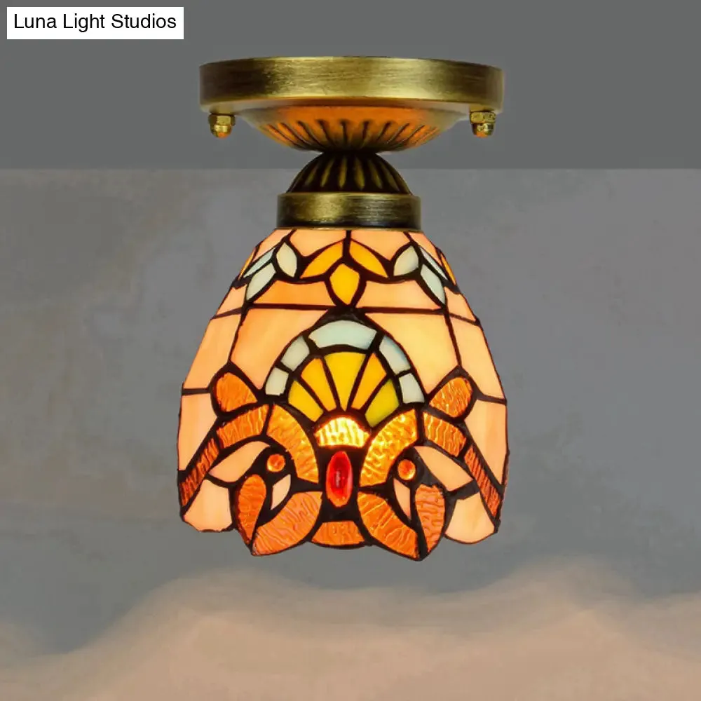 Tiffany Stained Art Glass Semi Flush Mount Ceiling Light - Single-Bulb Shaded Fixture
