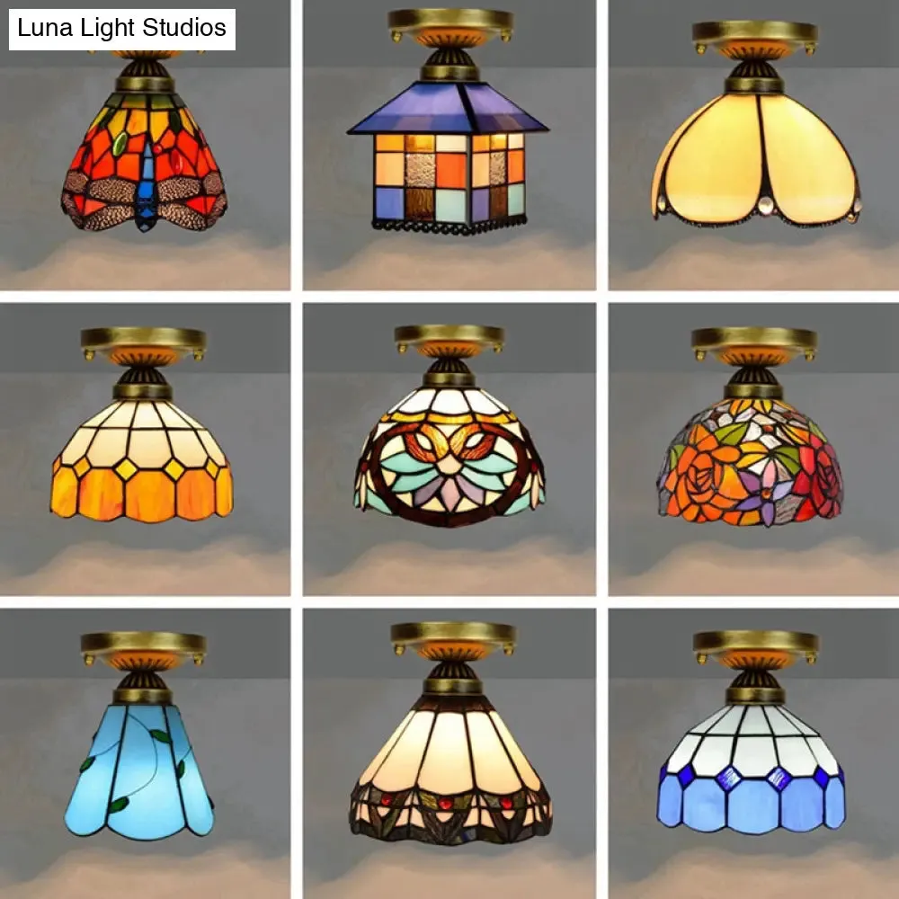 Tiffany Stained Art Glass Semi Flush Mount Ceiling Light - Single-Bulb Shaded Fixture