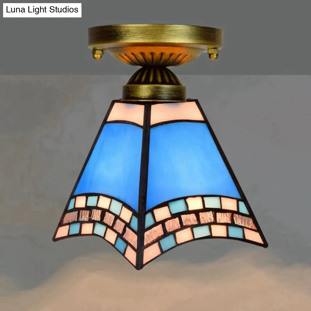 Tiffany Stained Art Glass Semi Flush Mount Ceiling Light - Single-Bulb Shaded Fixture