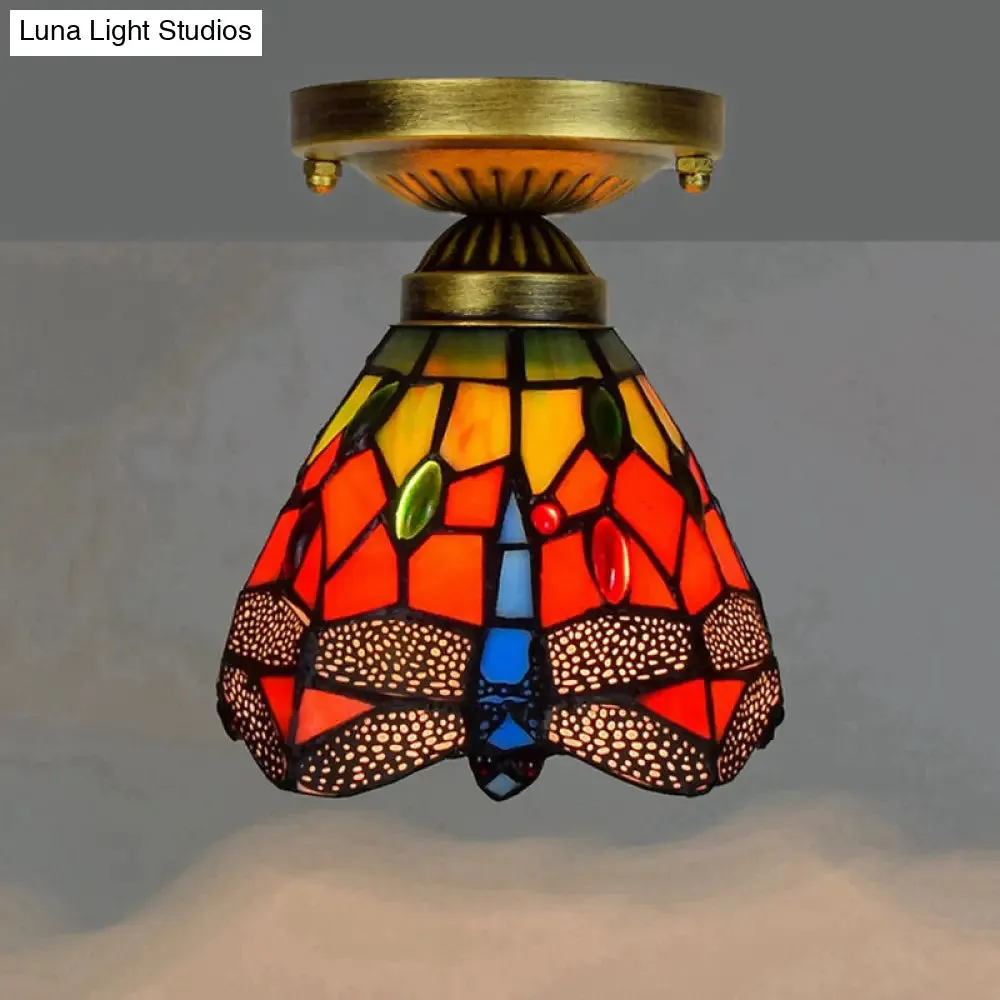 Tiffany Stained Art Glass Semi Flush Mount Ceiling Light - Single-Bulb Shaded Fixture