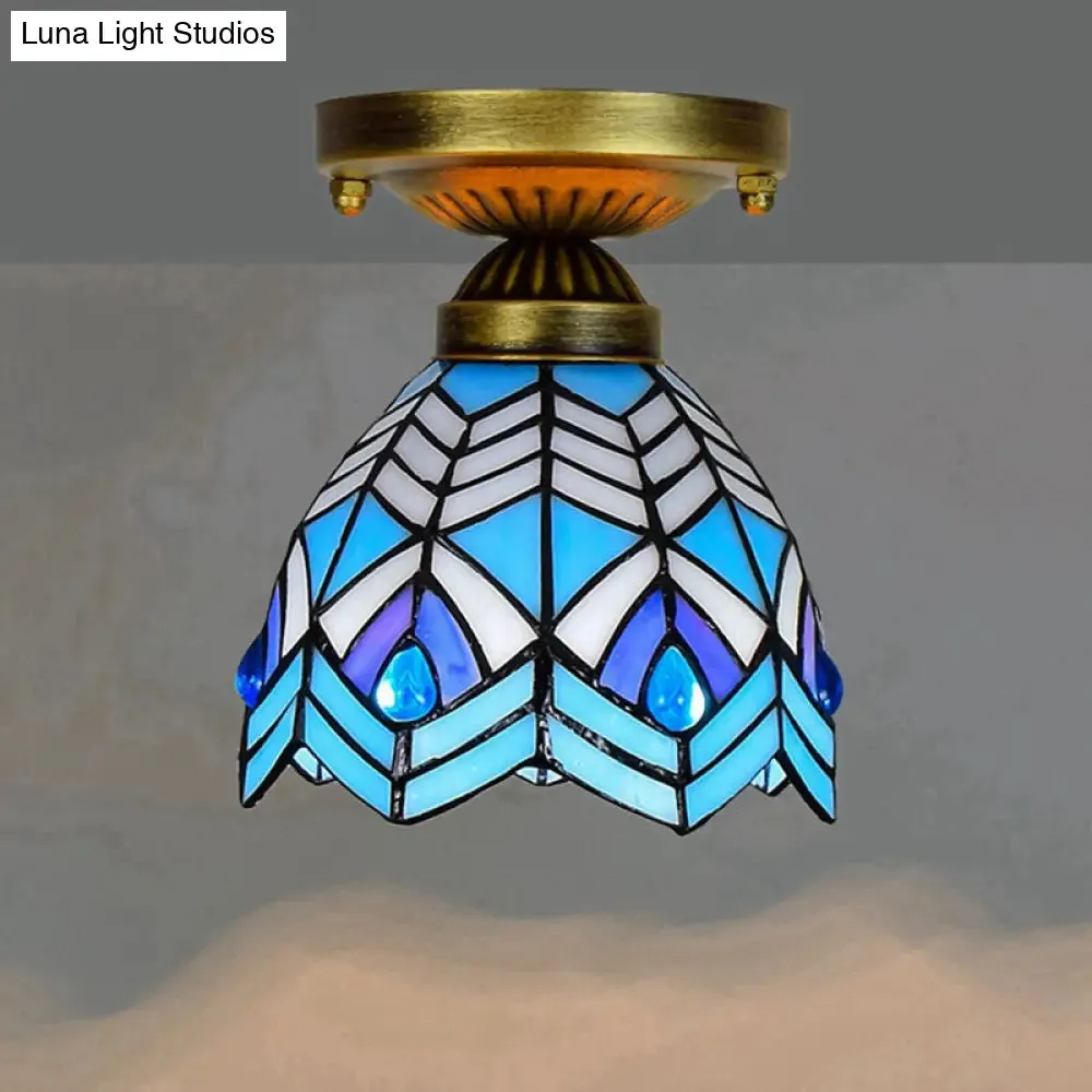 Tiffany Stained Art Glass Semi Flush Mount Ceiling Light - Single-Bulb Shaded Fixture