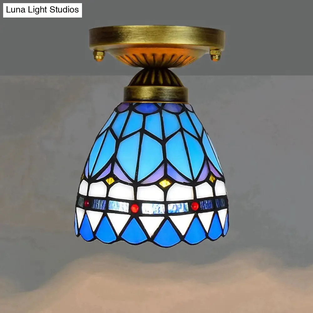 Tiffany Stained Art Glass Semi Flush Mount Ceiling Light - Single-Bulb Shaded Fixture