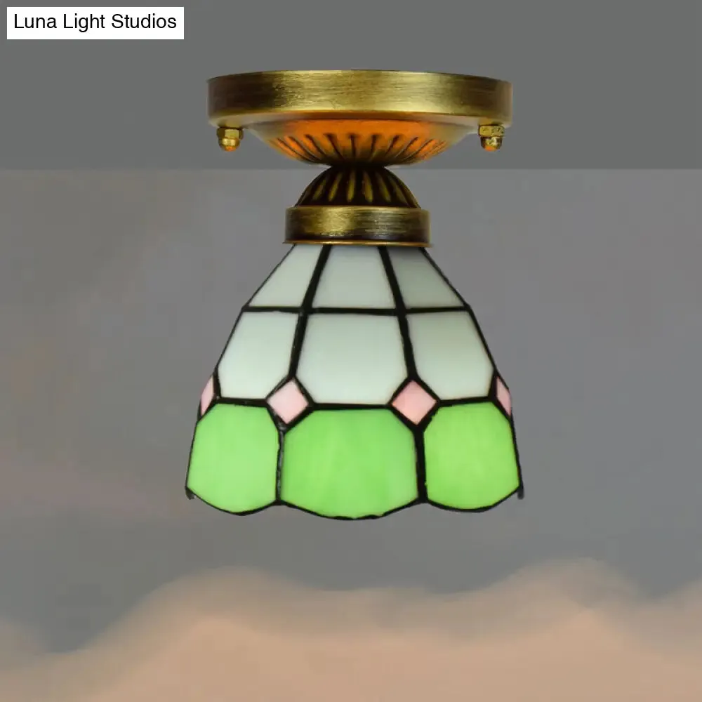 Tiffany Stained Art Glass Semi Flush Mount Ceiling Light - Single-Bulb Shaded Fixture