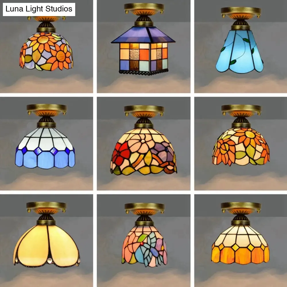 Tiffany Stained Art Glass Semi Flush Mount Ceiling Light - Single-Bulb Shaded Fixture