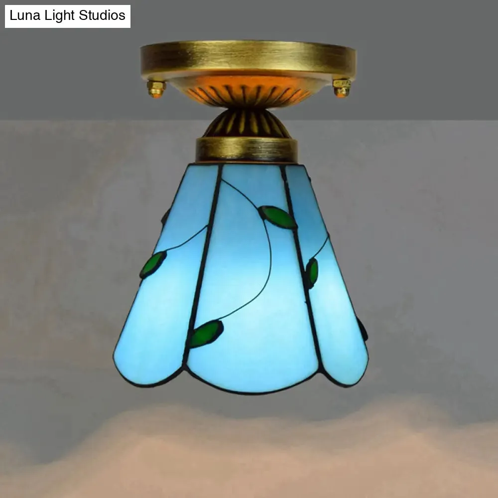 Tiffany Stained Art Glass Semi Flush Mount Ceiling Light - Single-Bulb Shaded Fixture