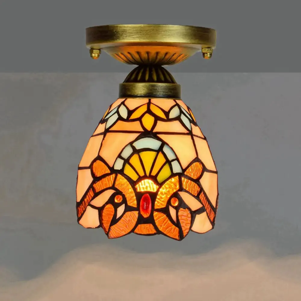 Tiffany Stained Art Glass Semi Flush Mount Ceiling Light - Single-Bulb Shaded Fixture