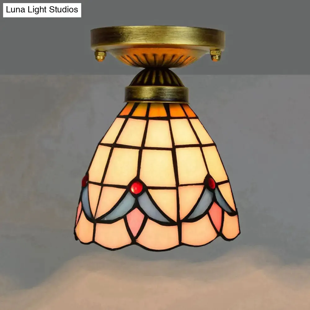 Tiffany Stained Art Glass Semi Flush Mount Ceiling Light - Single-Bulb Shaded Fixture