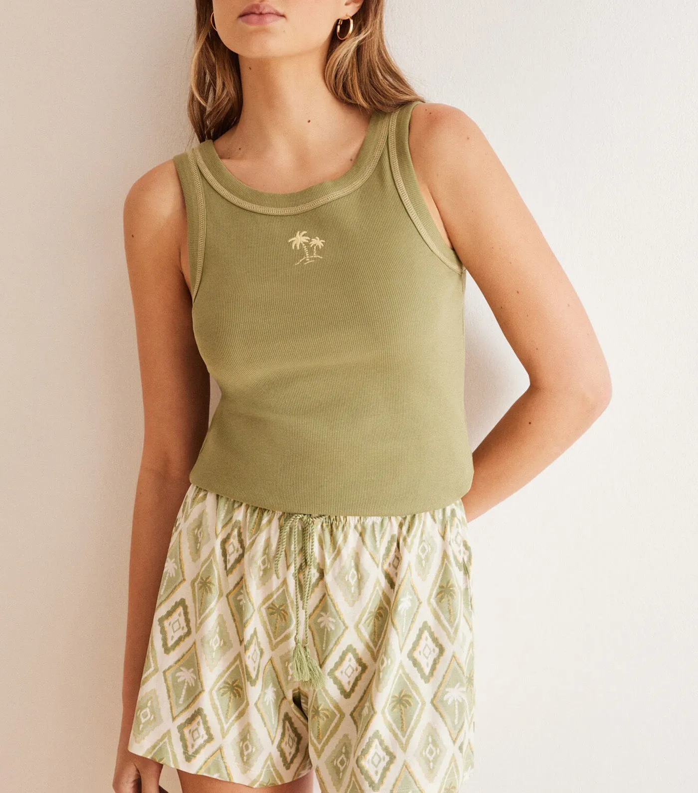 Tropical Pajamas with Straps and Shorts Khaki