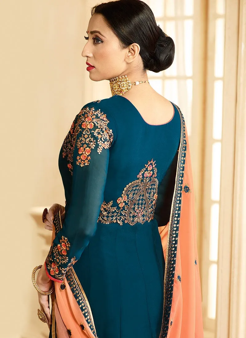 Turquoise And Orange Ethnic Embroidered Flared Anarkali Suit