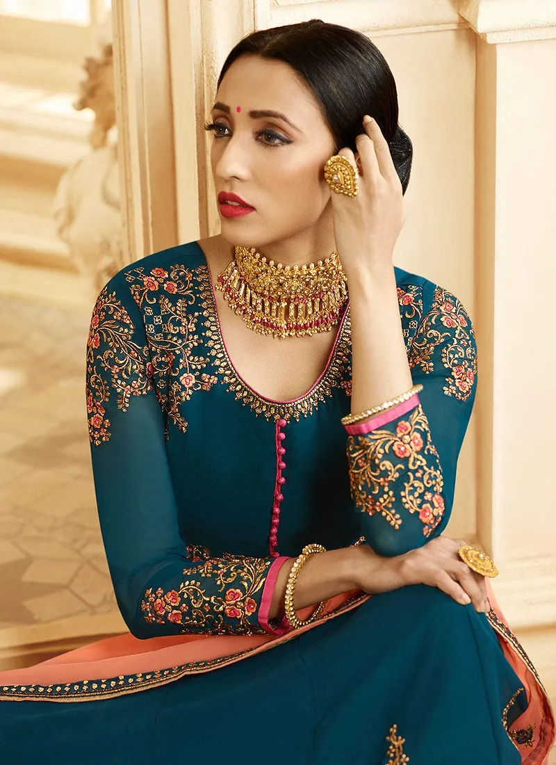 Turquoise And Orange Ethnic Embroidered Flared Anarkali Suit