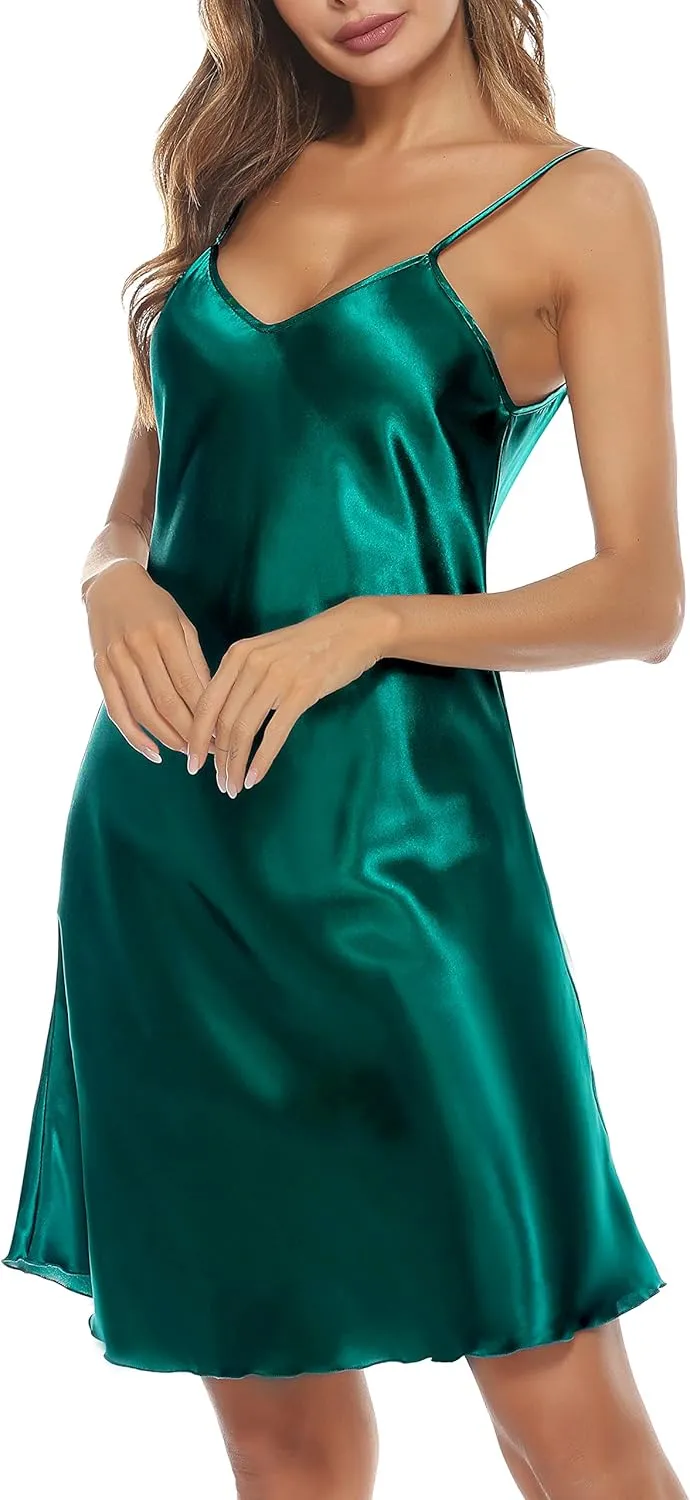 Vlazom Women Sexy Lingerie Satin Nightgown Silk Chemise Mini Slips V Neck Negligee Sleepwear with Adjustable Straps