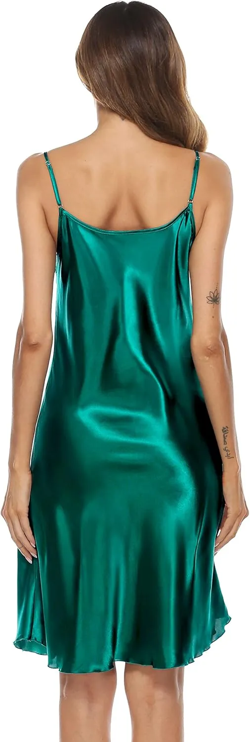 Vlazom Women Sexy Lingerie Satin Nightgown Silk Chemise Mini Slips V Neck Negligee Sleepwear with Adjustable Straps