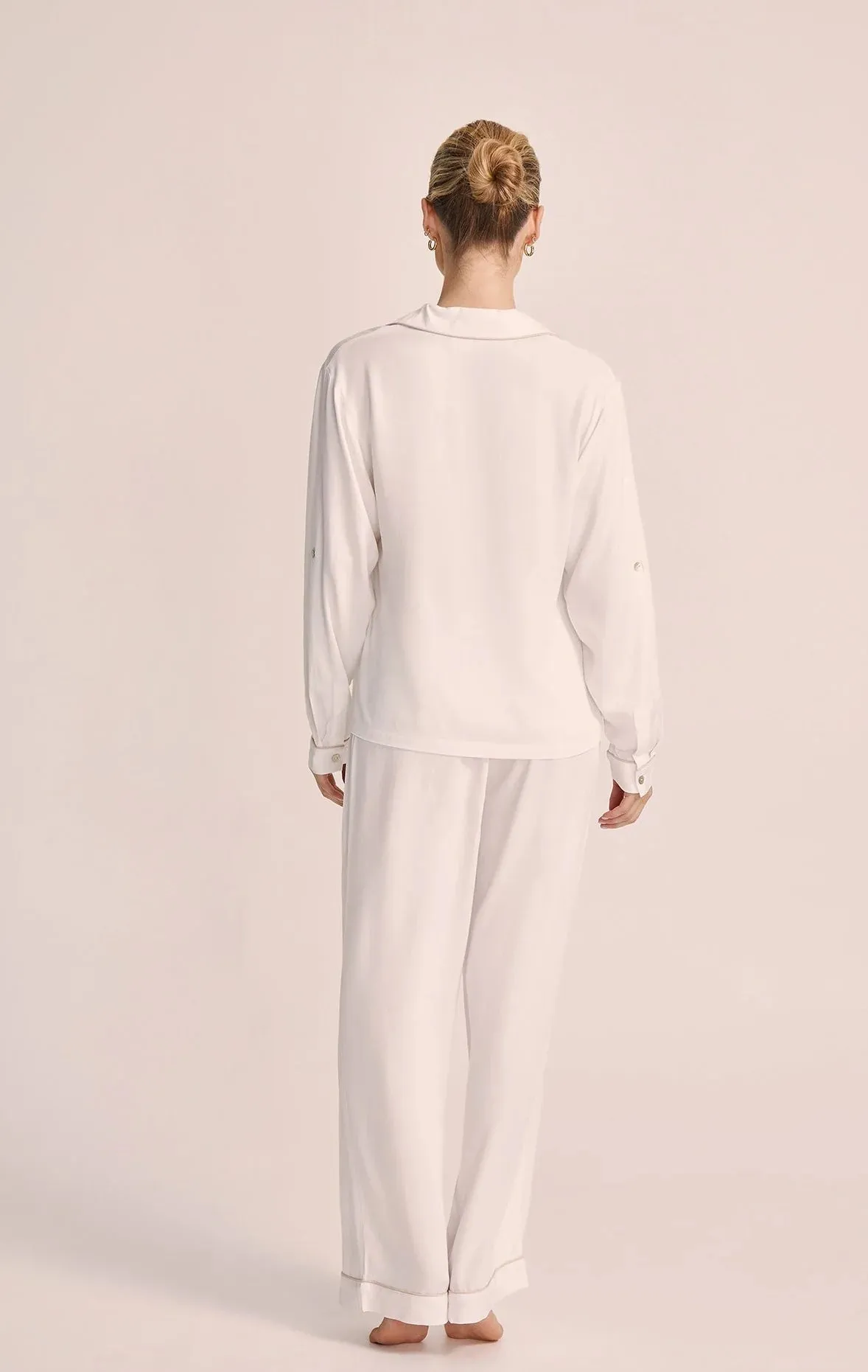 White Eva Long Pyjama Set with Blush Piping